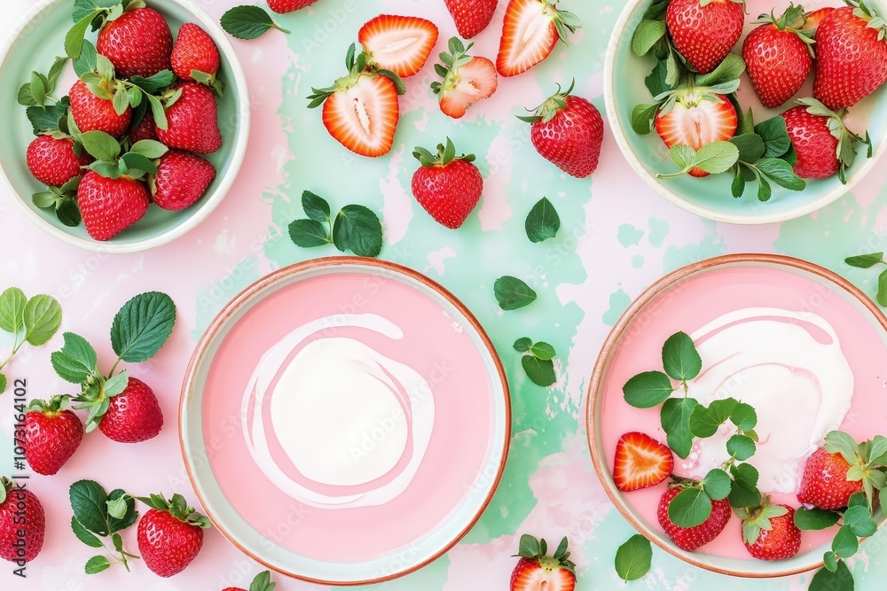 Fresh strawberries and creamy yogurt bowls on artistic pastel background