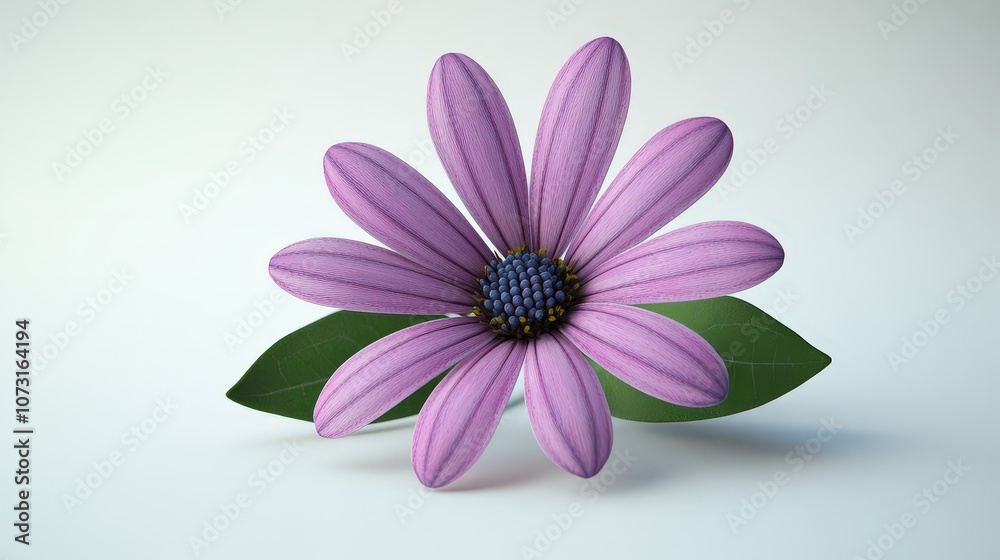 Vibrant purple african daisy with green leaves on white background Vibrant purple african daisy with green leaves on white background