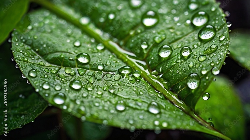 A realistic, detailed close-up image of raindrops on a vibrant green leaf, capturing the natural beauty of water droplets glistening in the sunlight. The macro shot highlights the leaf's texture A realistic, detailed close-up image of raindrops on a vibrant green leaf, capturing the natural beauty of water droplets glistening in the sunlight. The macro shot highlights the leaf's texture