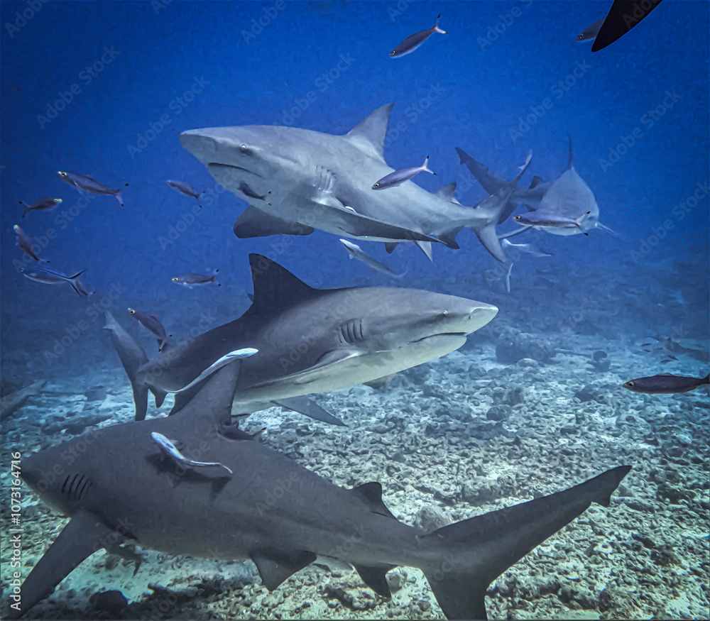 Fototapeta premium Bull sharks, Yasawa Islands, Fiji: Dive into thrilling encounters with bull sharks in clear blue waters. An unforgettable experience with these majestic marine predators!