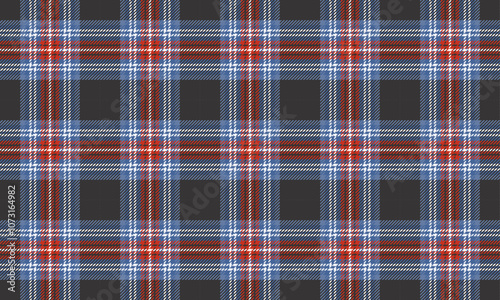 Plaid fabric pattern, black, blue, white, red, seamless elegant modern cross lines pattern for textile, and for designing clothes, skirts or decorative fabrics. Vector illustration.