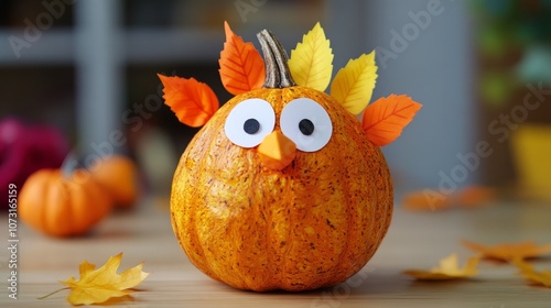 With children, create a Thanksgiving turkey craft! Make a simple and enjoyable do-it-yourself project with a pumpkin. photo