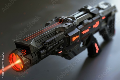 Futuristic plasma rifle is shooting a laser beam on a dark background