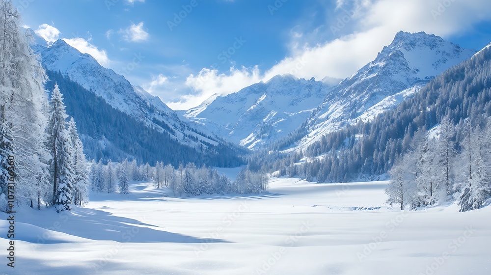 Snow-Covered Mountain Range and Frozen Valley with a Blue Sky Snow-Covered Mountain Range and Frozen Valley with a Blue Sky