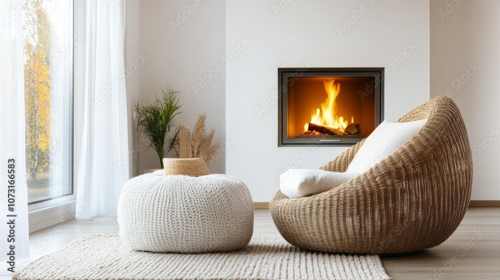 Cozy Living Room with Wicker Chair, Fireplace, and Knitted Ottoman