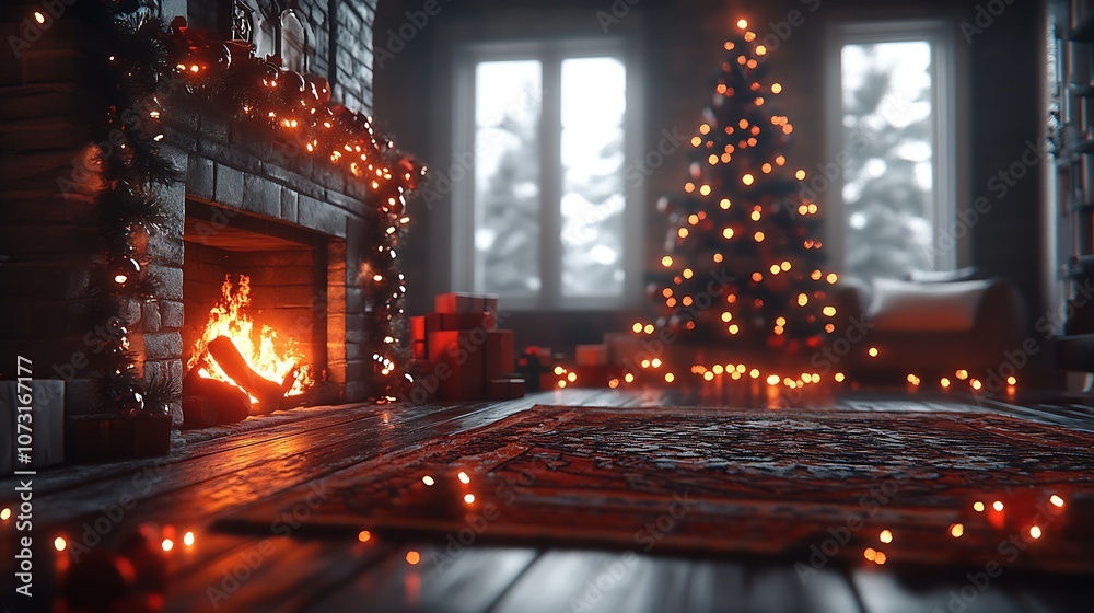 Fototapeta premium Warm Christmas Living Room Ambiance with Fireplace and Illuminated Holiday Tree : Generative AI