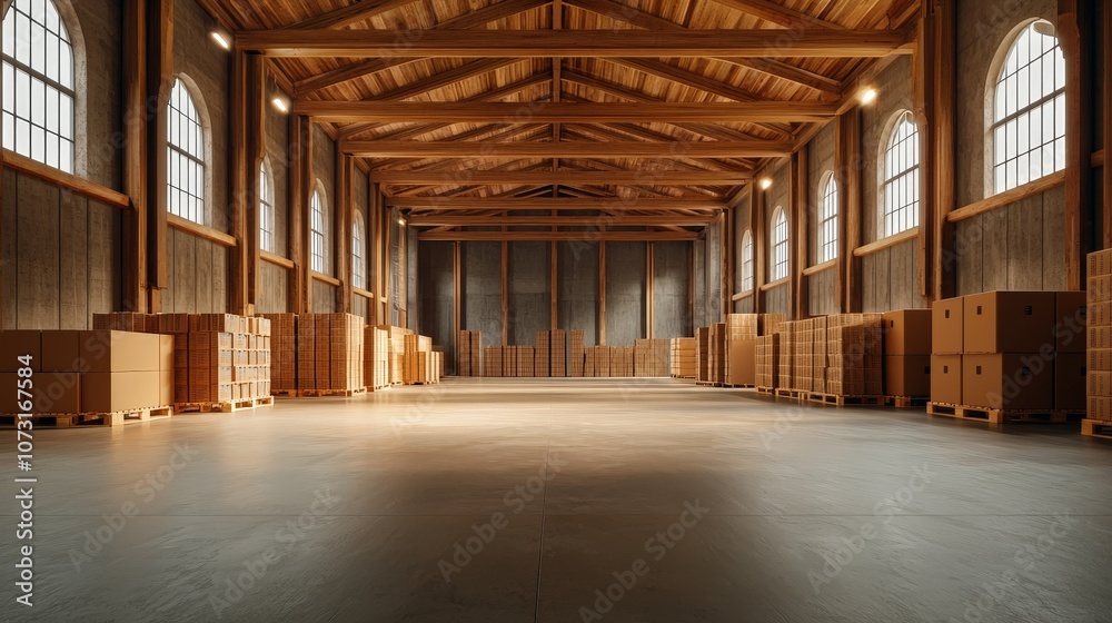 Spacious Interior of a Large Warehouse with Organized Shelves and Boxes in a Bright, Industrial Setting for Storage and Logistics Needs Spacious Interior of a Large Warehouse with Organized Shelves and Boxes in a Bright, Industrial Setting for Storage and Logistics Needs