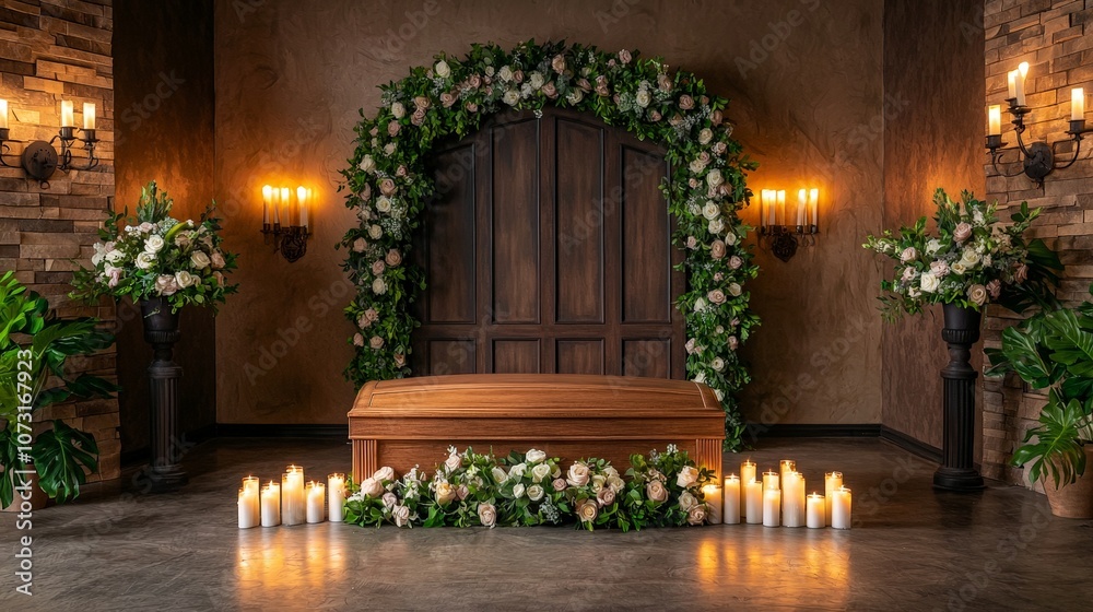 Serene Funeral Setting with Rows of Illuminated Candles Surrounding a Wooden Casket Adorned with Fresh Flowers in an Elegant, Softly Lit Chapel