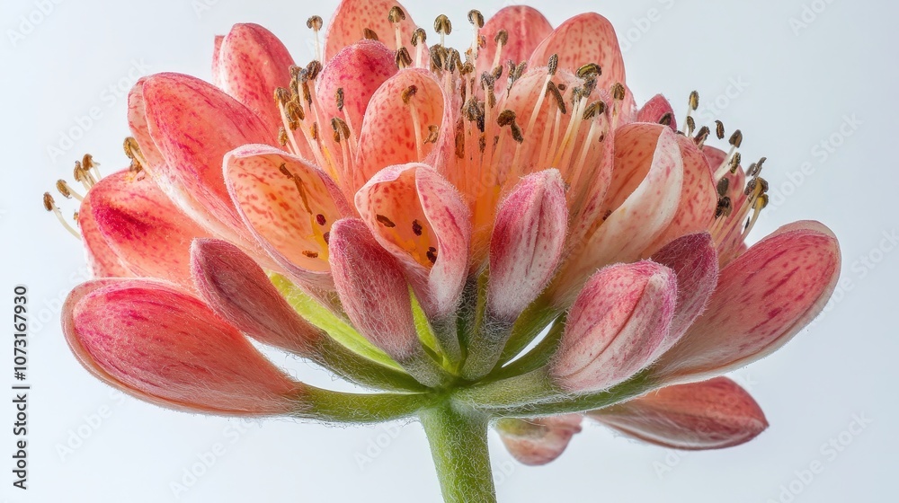 Close-up of vibrant pink succulent bloom against soft white background Close-up of vibrant pink succulent bloom against soft white background