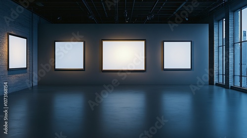 Minimalist Art Exhibition Showcasing Large Framed Canvases in Modern Museum : Generative AI