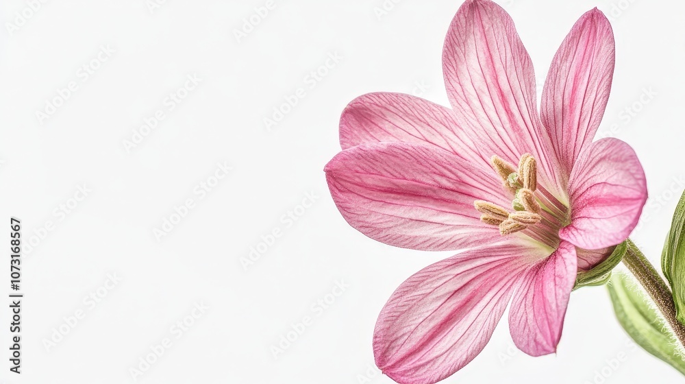 Delicate pink flower on white background emphasizing serenity and simplicity Delicate pink flower on white background emphasizing serenity and simplicity
