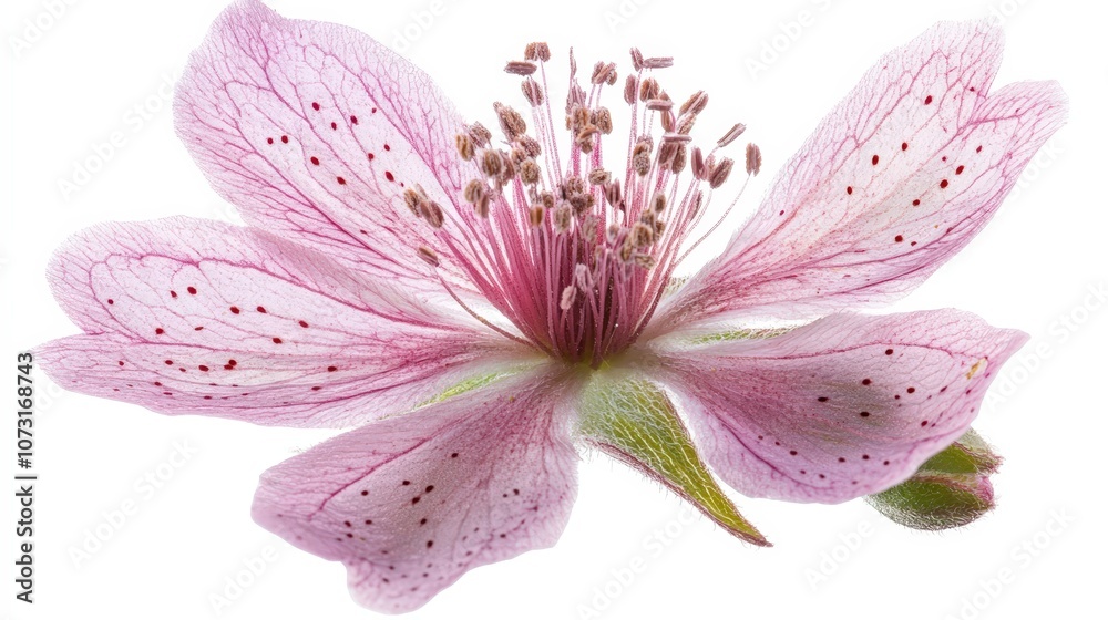 Delicate pink flower blossom with intricate petal details on white background