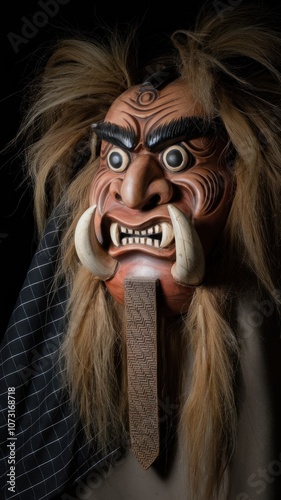 Traditional Japanese demon mask with fierce expression