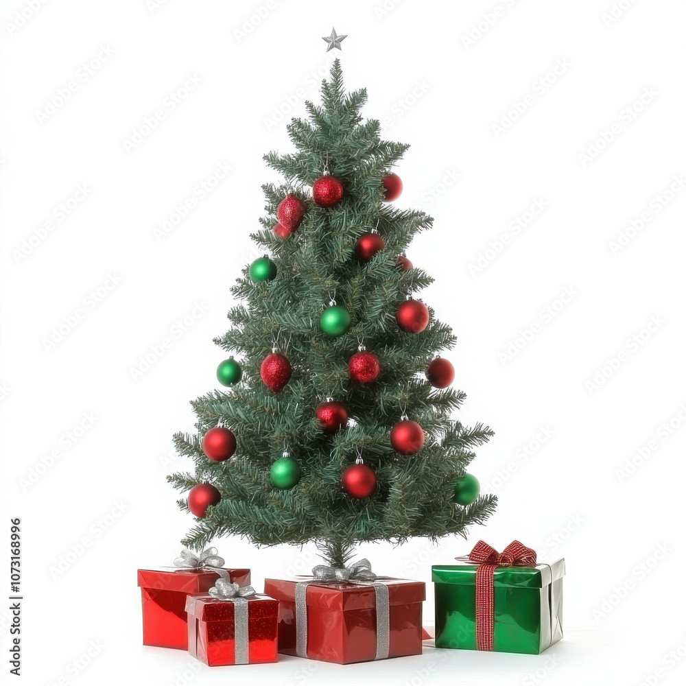 Traditional Christmas Tree with Ornaments and Gifts, Perfect Holiday Setting for Festive Celebrations Traditional Christmas Tree with Ornaments and Gifts, Perfect Holiday Setting for Festive Celebrations