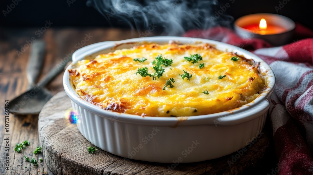 Hearty Shepherd's Pie in Rustic Pub Setting Hearty Shepherd's Pie in Rustic Pub Setting