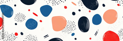 Aesthetic minimalist patterned background with rounded shapes, blue, red, white colors. Generative AI