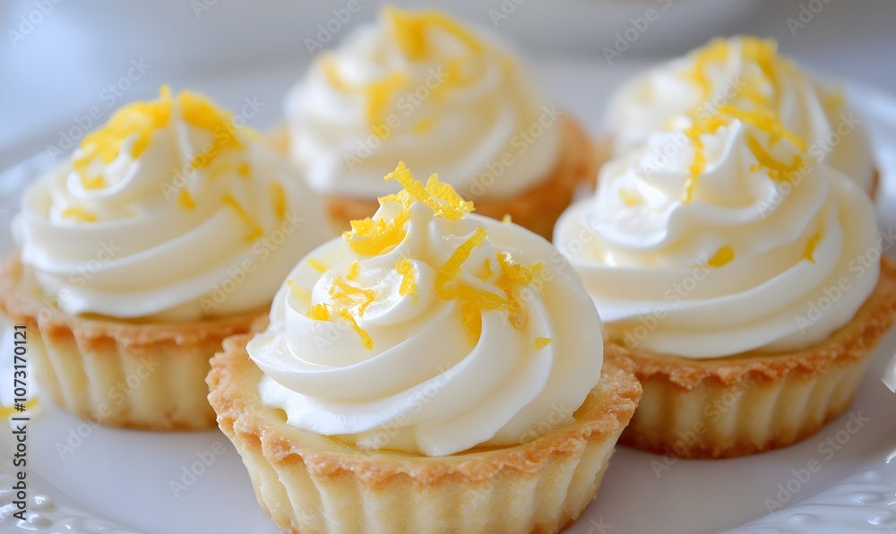 lemon cream tarts topped with whipped cream and lemon zest, Generative AI lemon cream tarts topped with whipped cream and lemon zest, Generative AI