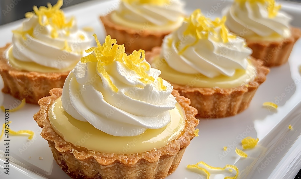 lemon cream tarts topped with whipped cream and lemon zest, Generative AI lemon cream tarts topped with whipped cream and lemon zest, Generative AI