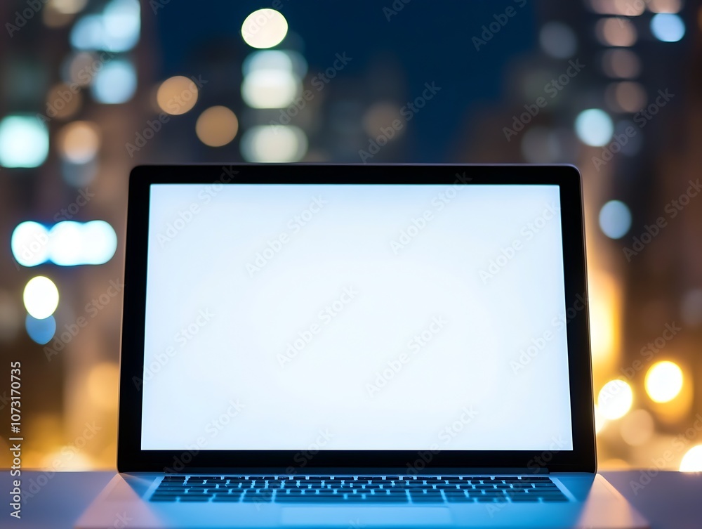 Laptop with a blank white screen on desk by blurred cityscape at night : Generative AI Laptop with a blank white screen on desk by blurred cityscape at night : Generative AI
