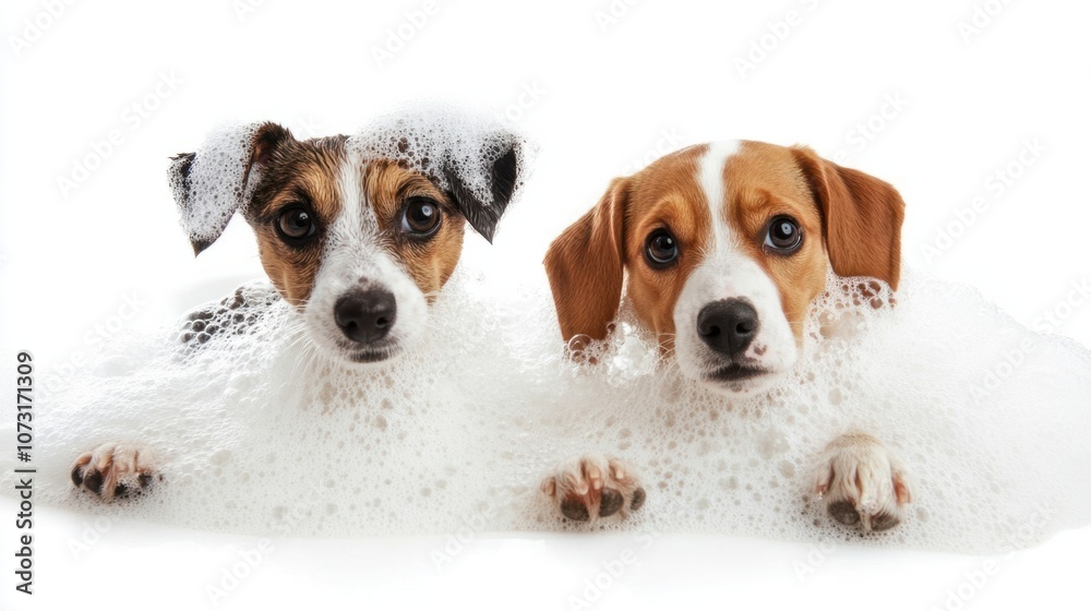 Cat and dog covered in bubbles, looking playful in a bathtub, isolated on white, perfect for pet ads Cat and dog covered in bubbles, looking playful in a bathtub, isolated on white, perfect for pet ads