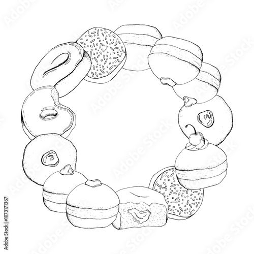 Tasty donuts with toppings round wreath template for Jewish Hanukkah holiday. Ink vector illustration in black and white for sweet food coloring. Hand drawn sufganiyot doughnuts