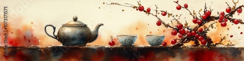 Minimalist watercolor of a Chinese tea pot and cups on a table decorated with golden details and festive mementos. photo