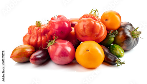 Different tomatoes isolated on white background.