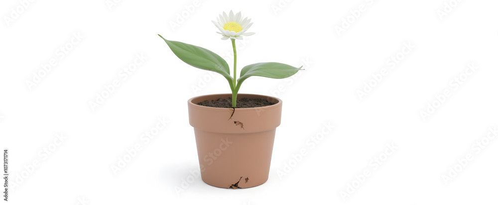 Fototapeta premium Resilient white daisy blooming in cracked terracotta pot