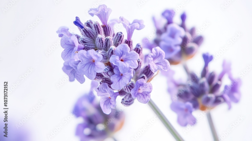 Delicate lavender blooms in soft focus against a white background Delicate lavender blooms in soft focus against a white background