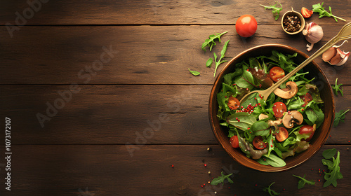 Vibrant salad bowl with a variety of fresh vegetables, grilled chicken, and avocado slices, arranged beautifully on a dark textured surface