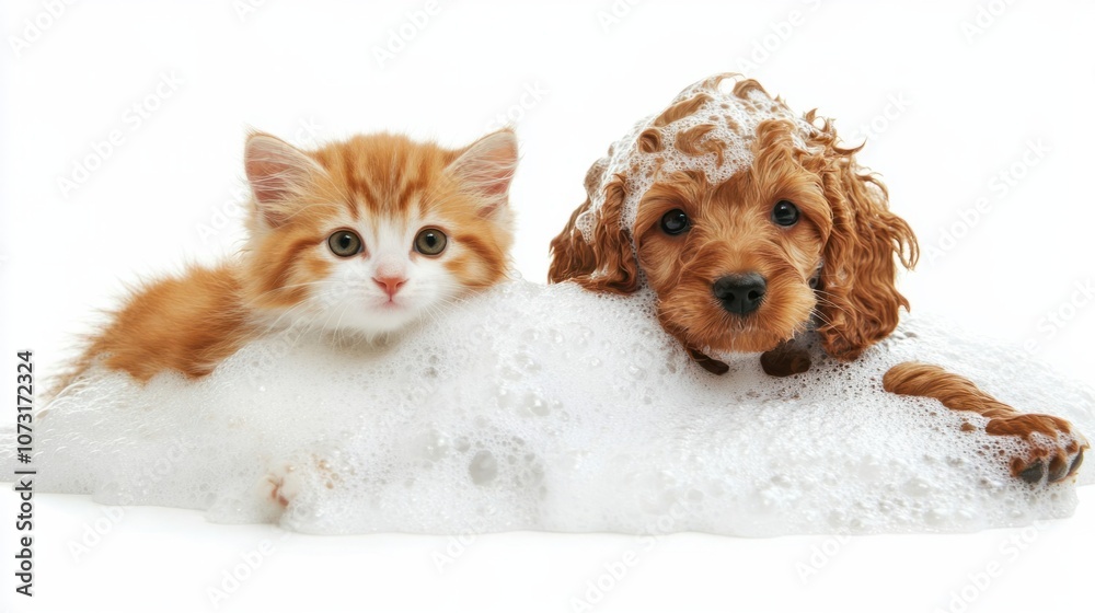 Cute cat and dog enjoying a bubbly bath, isolated on white, symbolizing a fun grooming session Cute cat and dog enjoying a bubbly bath, isolated on white, symbolizing a fun grooming session