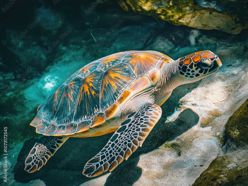 Obraz premium Turtle swimming near rocks