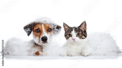 Cute dog and cat covered in bubbles in a bathtub, isolated on white, representing happy bath time