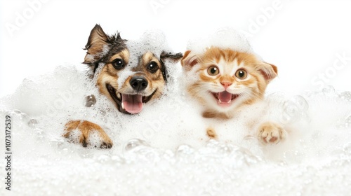 Wallpaper Mural Cute dog and cat covered in bubbles in a bathtub, isolated on white, representing happy bath time Torontodigital.ca
