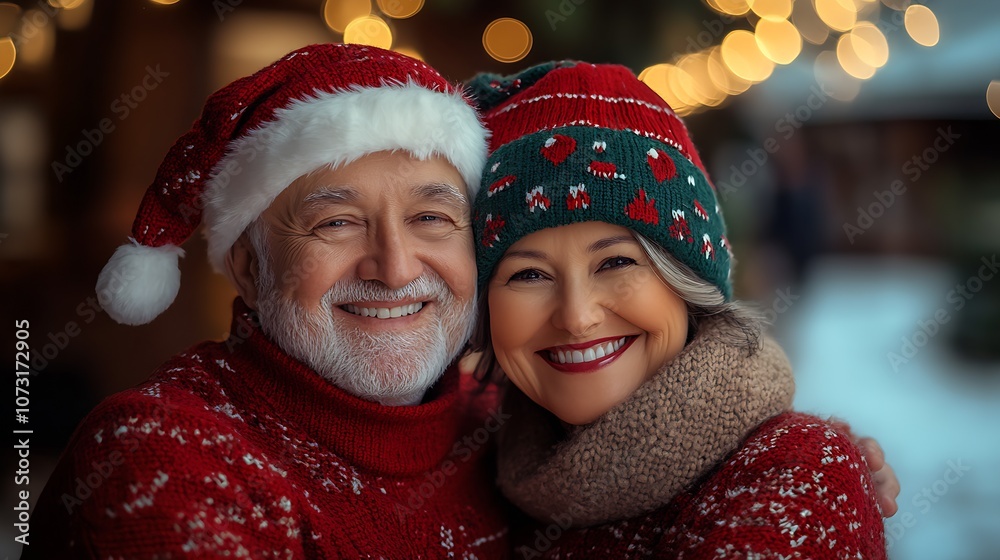 Smiling senior couple in matching Christmas sweaters amid twinkling holiday lights : Generative AI Smiling senior couple in matching Christmas sweaters amid twinkling holiday lights : Generative AI