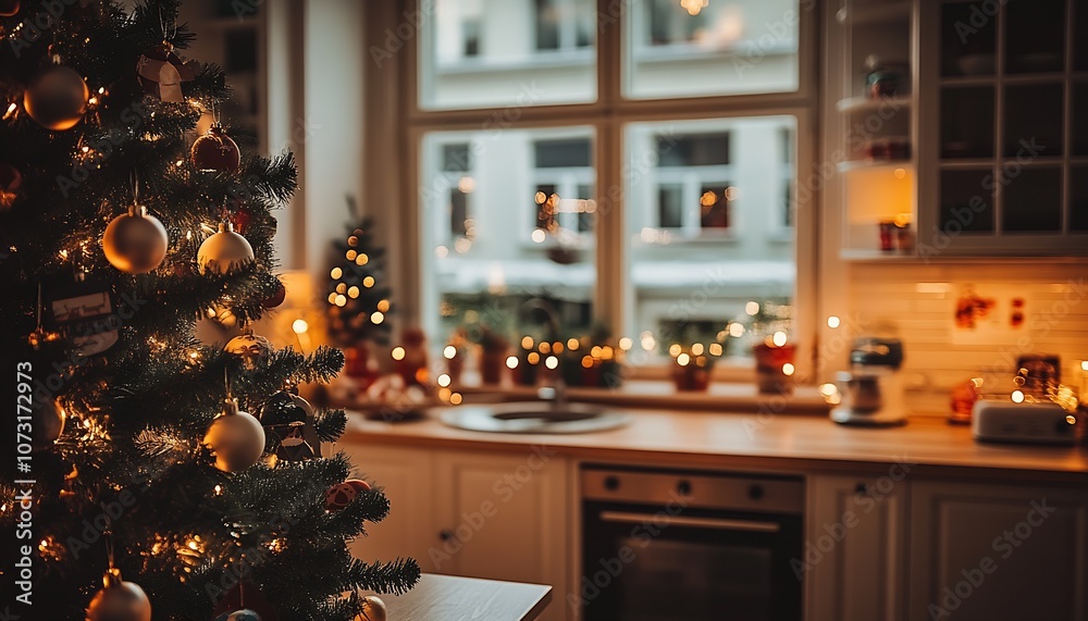 Fototapeta premium Charming Festive Kitchen Interior with Christmas Tree and Twinkling Lights Display : Generative AI