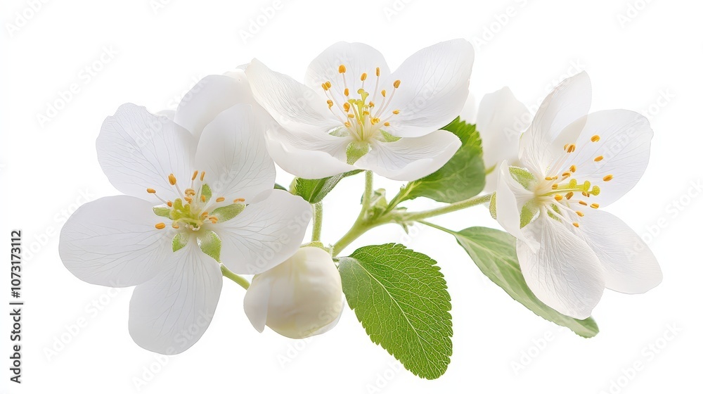 Obraz premium Delicate white blossom flowers with green leaves on a branch