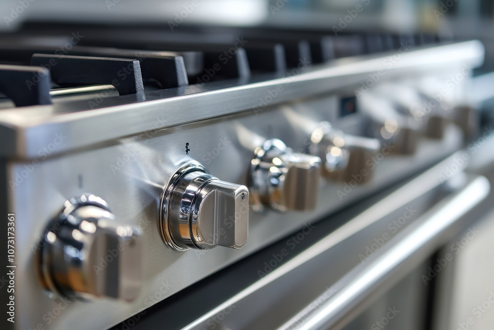 Close-up image of a stainless steel gas stove with shiny control knobs, capturing an elegant and modern kitchen appliance setting. Close-up image of a stainless steel gas stove with shiny control knobs, capturing an elegant and modern kitchen appliance setting.