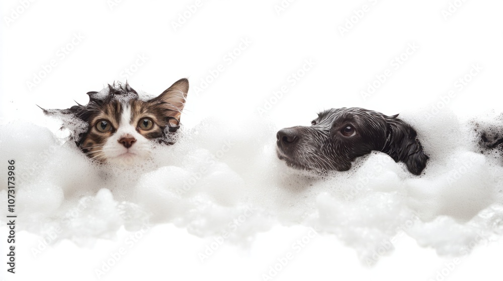 Playful cat and dog in a foamy bath, isolated on white background, ideal for pet grooming and cleanliness Playful cat and dog in a foamy bath, isolated on white background, ideal for pet grooming and cleanliness