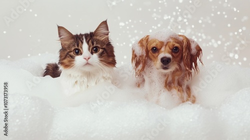 Playful cat and dog in a foamy bath, isolated on white background, ideal for pet grooming and cleanliness