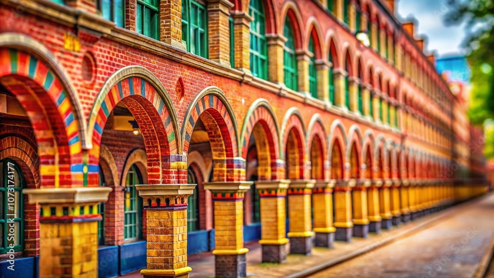 Fototapeta premium Vibrant Tilt-Shift Photography of Colorful Arches Against a Red Brick Wall Building Facade with Ample Empty Space for Creative Design and Composition Ideas