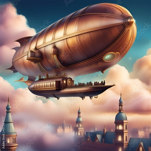 A steampunk airship flying over a Victorian city, intricate gears, brass, clouds, adventure 