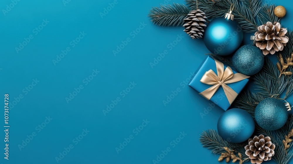 A festive arrangement featuring blue Christmas ornaments, pinecones, and a beautifully wrapped gift on a vibrant blue background, perfect for holiday-themed promotions or greeting cards,