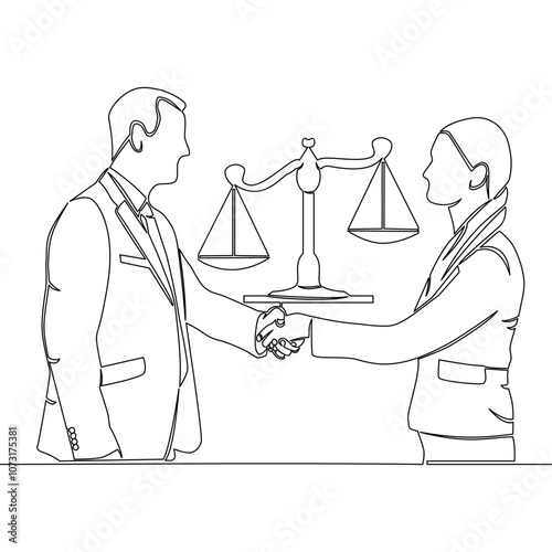 Continuous one single line drawing Legal business deal with a lawyer icon vector illustration concept