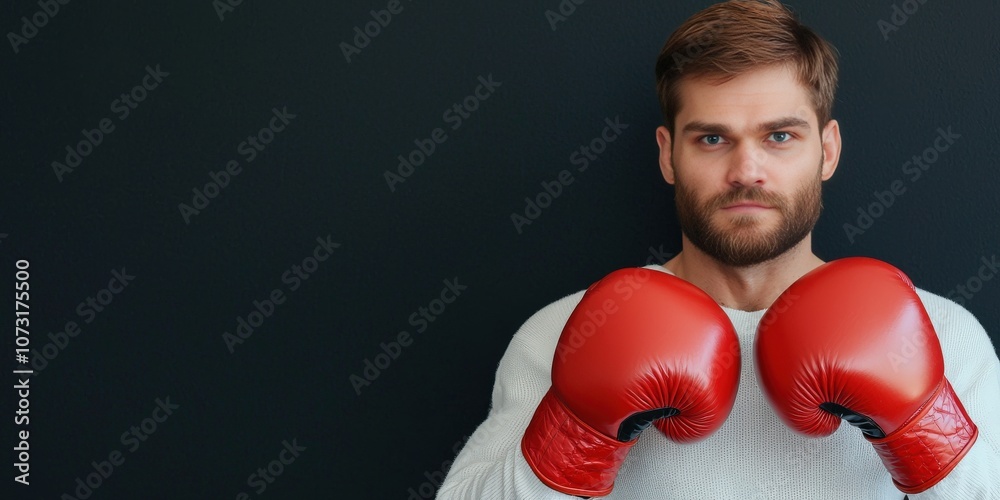 A focused male boxer wearing red gloves poses confidently against a dark background. A focused male boxer wearing red gloves poses confidently against a dark background.