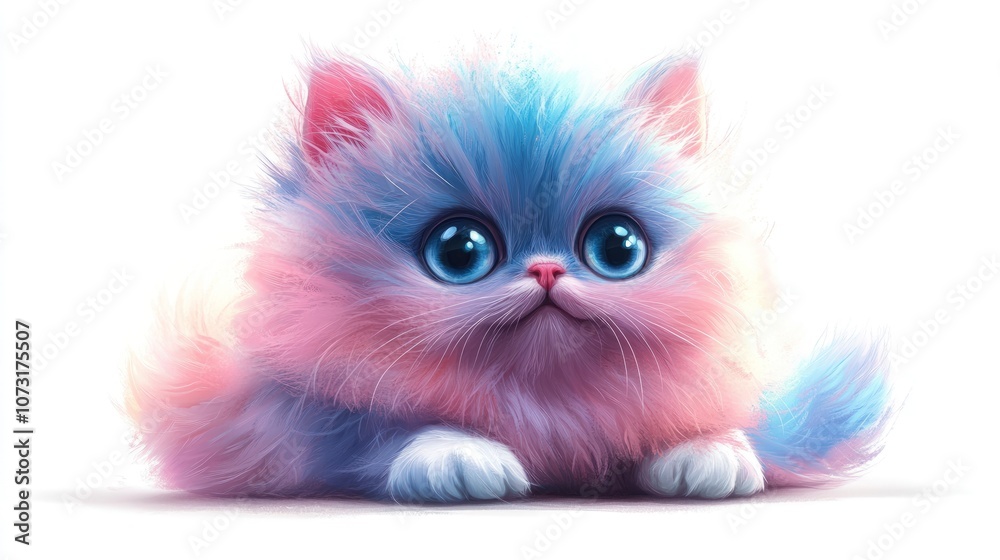 Adorable blue and pink fluffy kitten with big blue eyes looking at camera on white background. Adorable blue and pink fluffy kitten with big blue eyes looking at camera on white background.