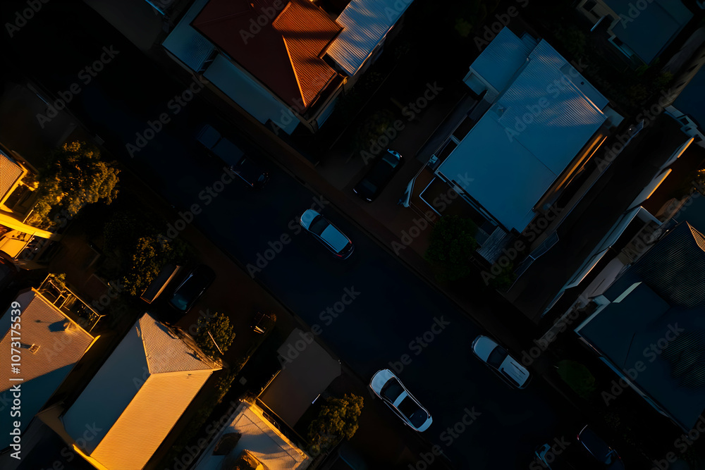 Aerial view of a quiet residential street with houses and parked cars. Aerial view of a quiet residential street with houses and parked cars.