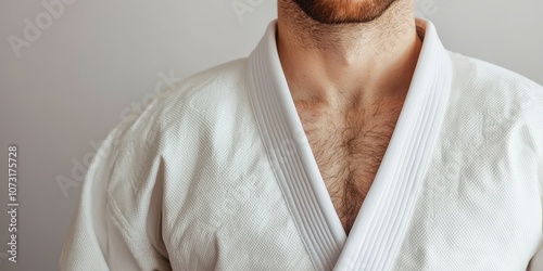 A close-up of a man wearing a traditional white martial arts gi, showcasing the texture and details of the collar. photo