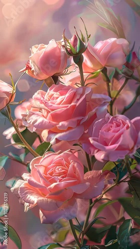 Pink roses in soft focus, close-up view. Romantic floral ambiance concept