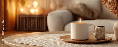 Coffee table setup, warm ambient light, cozy details, 3D render